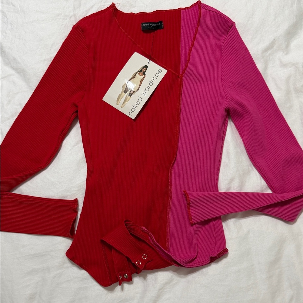 Naked Wardrobe Red and Pink Color Block Top